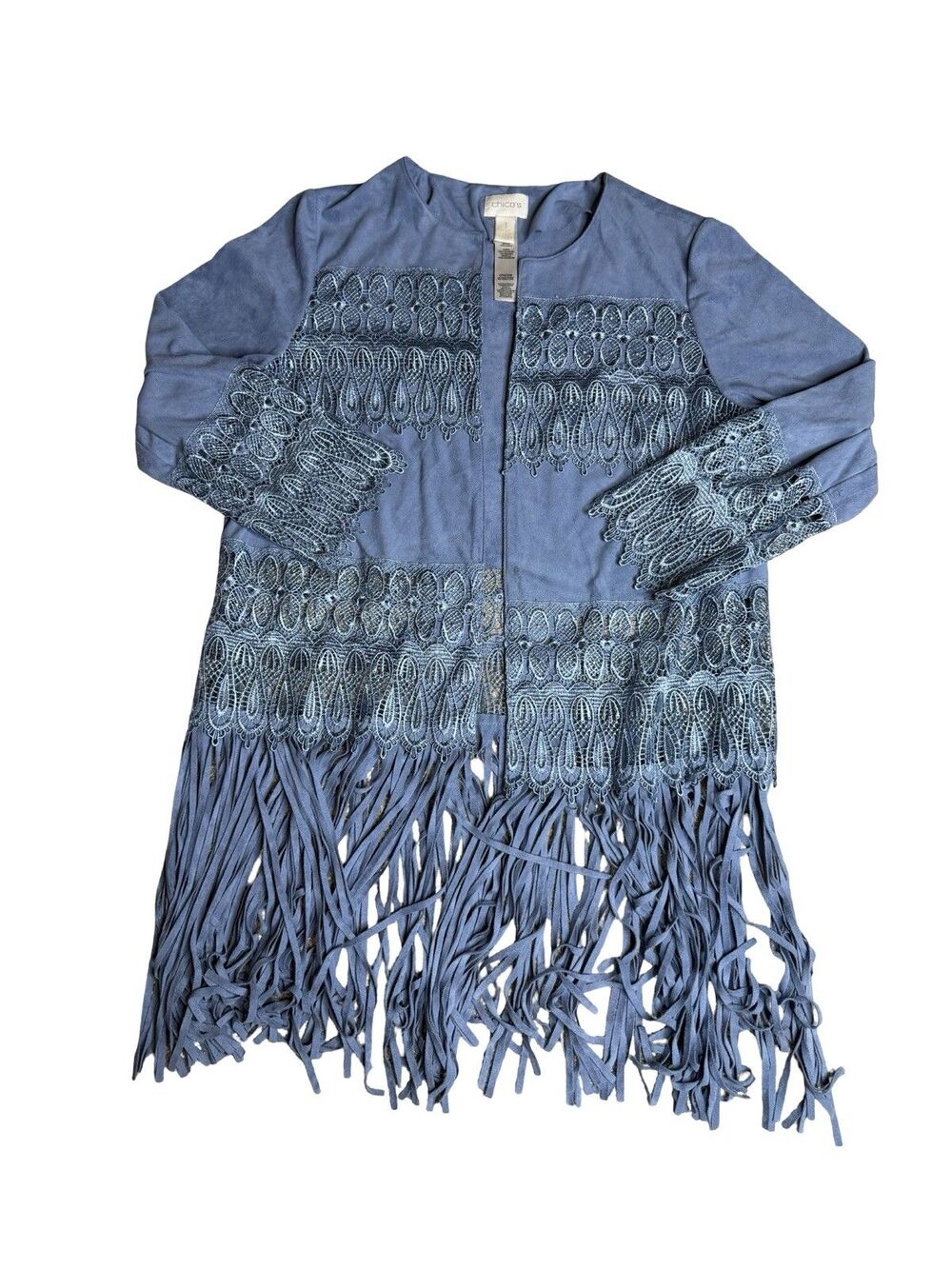 Chicos 1 Womens Open Lace And Fringe Steel Blue Faux Suede Cardigan